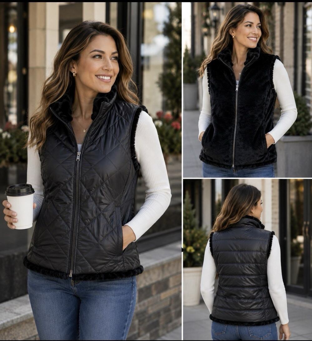 Nicole Miller Reversible Faux Fur Quilted Puffer Vest Black Women’s S NWT